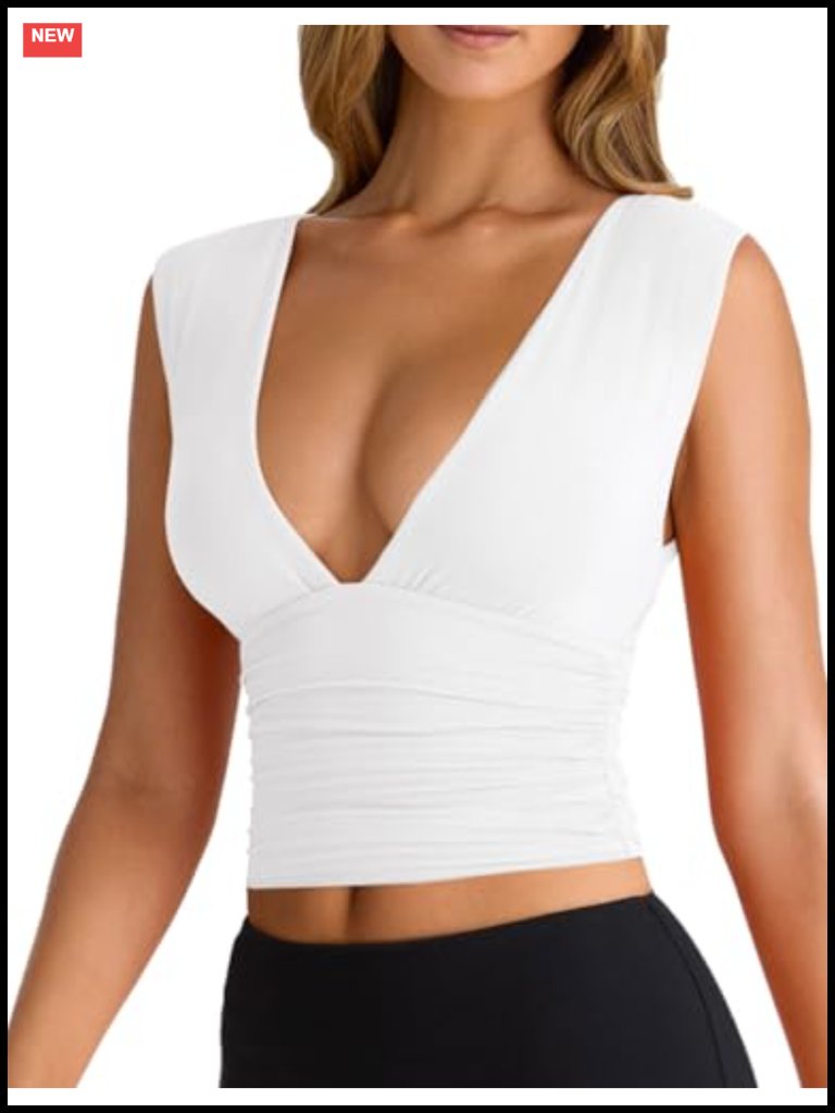 Women's Sexy Deep V-Neck Ruched Sleeveless Crop Tank Top Stretchy Double Layer